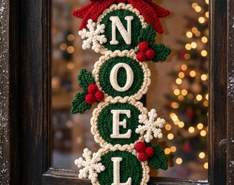 Gehaakte kerstdeurhanger, handgemaakte NOEL JOY PEACE wanddecoratie, feestelijk kerstbord, kerstdecoratie met poinsettia voor thuis
