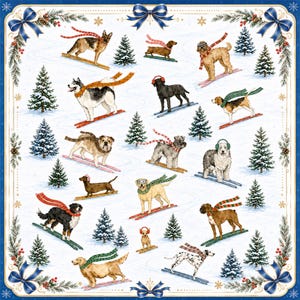 Skiing Dog Mahjong Table Mat, Winter Puppy Game Pad, Snowy Holiday Design