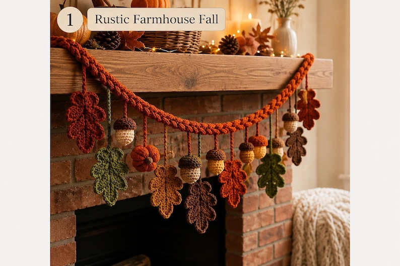 May include: A crochet garland featuring orange, brown, green, and yellow yarn leaves, acorns, and a small pumpkin hanging from a thick braided orange cord. The garland includes a label with the text 1 Rustic Farmhouse Fall.