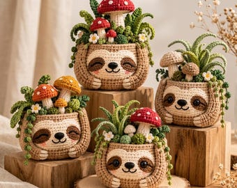 Handgemaakte gehaakte luiaard paddenstoel plantenpot, schattige bosplant decoratie, cottagecore bureauplant, housewarming cadeau voor plantenliefhebbers
