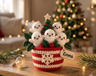 Gepersonaliseerde gehaakte kerstspookbloempot, schattige spookfamiliedecoratie, kerstcadeau met naam op maat, handgemaakte kersttafeldecoratie