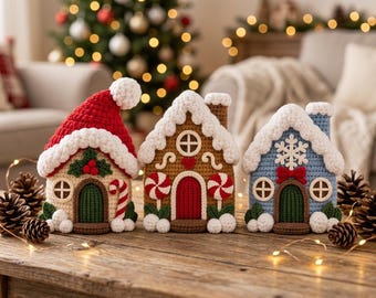 Gehaakt peperkoekhuisje, handgemaakte kerstdorpjes, schattig snoephuisje voor de winter, decoratie voor op de plank tijdens de feestdagen, cadeau voor haar