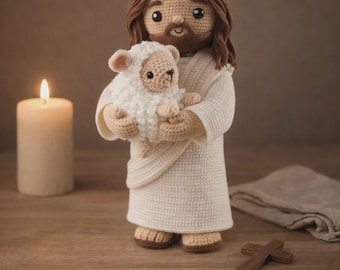 Handgemaakt gehaakt beeldje Jezus met lam, decor amigurumi christelijk geloof