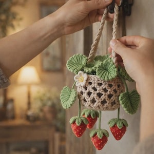 May include: A handmade crochet strawberry basket with a beige openwork design. The basket features green leaves, a white flower, and several red strawberries with green tops. The basket is suspended by beige rope handles.