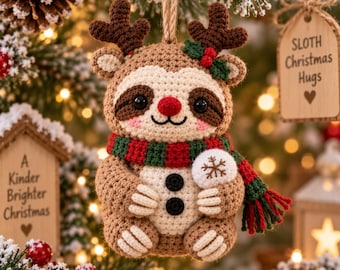 Handgemaakt gehaakt kerstornament in de vorm van een luiaard, schattig luiaardfiguurtje met luiaard, ideaal om in de kerstboom te hangen, perfect kerstcadeau voor luiaardliefhebbers.