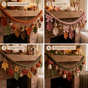 May include: Four crochet garlands featuring seasonal motifs. The first has orange, green, and brown leaves, acorns, and pumpkins. The second features pink bows, leaves, and acorns. The third displays yellow, orange, and brown leaves, flowers, and pumpkins. The fourth includes mushrooms, acorns, and green leaves.