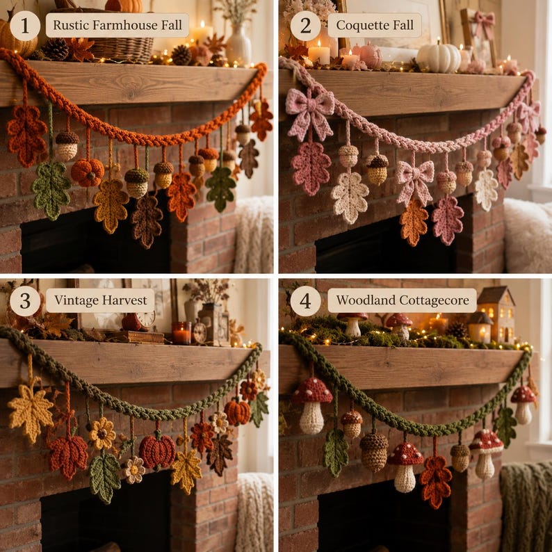 May include: Four crochet garlands featuring seasonal motifs. The first has orange, green, and brown leaves, acorns, and pumpkins. The second features pink bows, leaves, and acorns. The third displays yellow, orange, and brown leaves, flowers, and pumpkins. The fourth includes mushrooms, acorns, and green leaves.