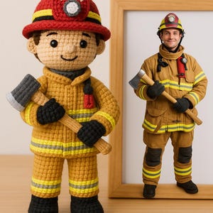 May include: A crocheted firefighter doll with a red helmet and the words "FIRE DEPT". The doll is wearing a yellow uniform with black gloves and boots, holding a small axe. A framed photo of a firefighter is next to the doll.