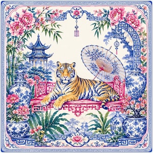 May include: A square decorative textile featuring a central tiger resting on a pink platform. The scene includes blue and white porcelain vases, pink peony flowers, bamboo stalks, a traditional pagoda, and an open paper umbrella, all framed by a blue and pink geometric border.