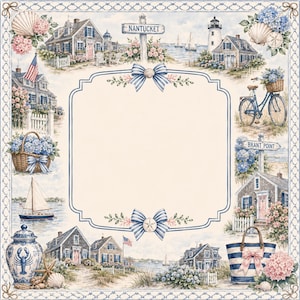 May include: A square decorative panel featuring a central cream-colored frame bordered by blue lines and striped bows. The surrounding border displays coastal scenes including Nantucket signage, a lighthouse, sailboats, houses, a bicycle, and a lobster jar.