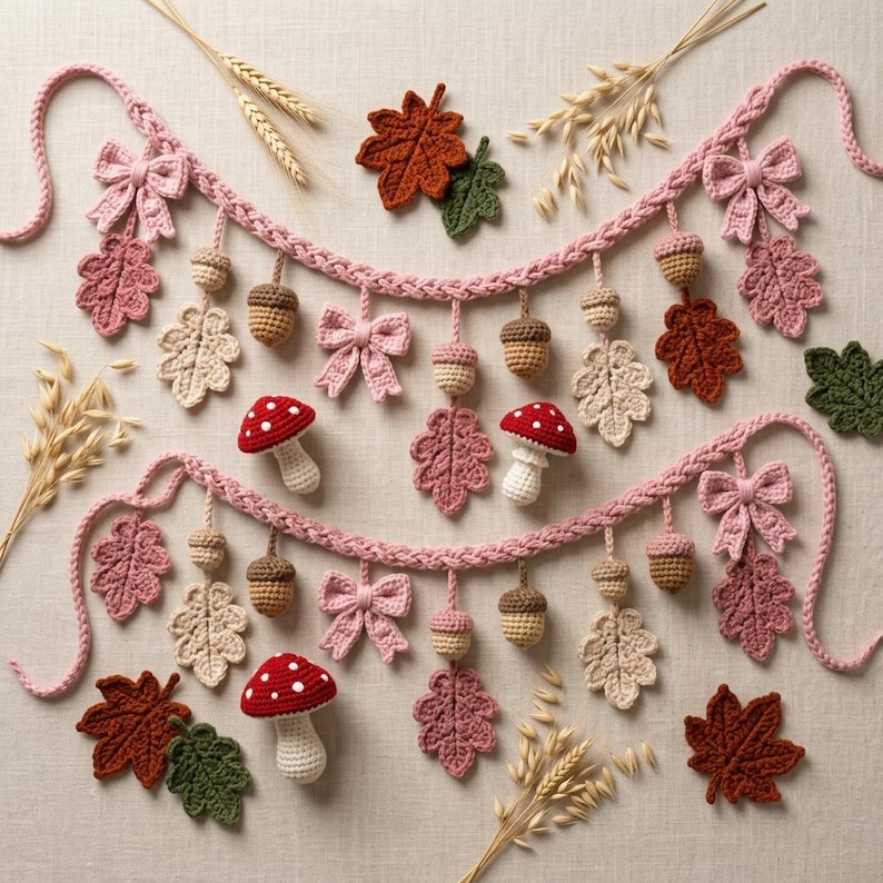 May include: Two crocheted garlands featuring pink braided cords adorned with hanging elements including pink and cream oak leaves, brown acorns, red and white spotted mushrooms, and small pink bows, arranged with loose dried wheat stalks.