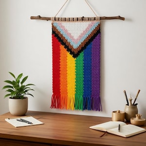 Progress Pride Flag Macrame Wall Hanging Rainbow Lgbtqia+ Home Decor Boho Woven Tapestry Pride Month Gift Gay Pride Office Decoration