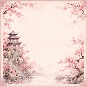 May include: A square digital illustration featuring a pagoda on a rocky cliff with a stone staircase leading down to a calm body of water. Pink cherry blossom branches frame the scene, which is enclosed by a decorative geometric border.