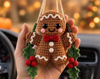 Handgemaakte kersthanger voor de achteruitkijkspiegel, gehaakte autohanger, schattig kerstcadeau met kerstman, rendier, sneeuwpop en peperkoekfiguur.