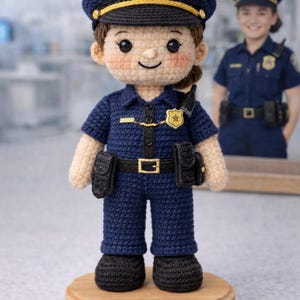 May include: A navy blue crocheted police officer doll, complete with uniform, hat, and accessories. The doll stands on a wooden base engraved with "Officer Emily". A mirror in the background reflects a real police officer.