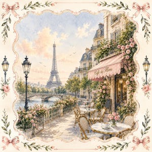 May include: A square decorative print featuring a Parisian street scene with the Eiffel Tower in the background, a cafe named Café de Flore with a pink awning, outdoor tables, chairs, street lamps, and floral borders with pink bows at corners.
