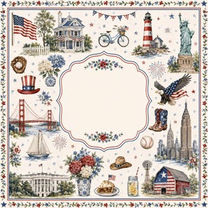 May include: A square decorative panel featuring a central blank scalloped frame surrounded by illustrations of American icons including the Statue of Liberty, the White House, the Golden Gate Bridge, a bald eagle, a lighthouse, and a barn with a flag.
