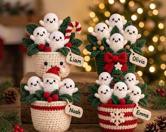 Gepersonaliseerde gehaakte kerstspookbloempot, schattige spookfamiliedecoratie, kerstcadeau met naam op maat, handgemaakte kersttafeldecoratie