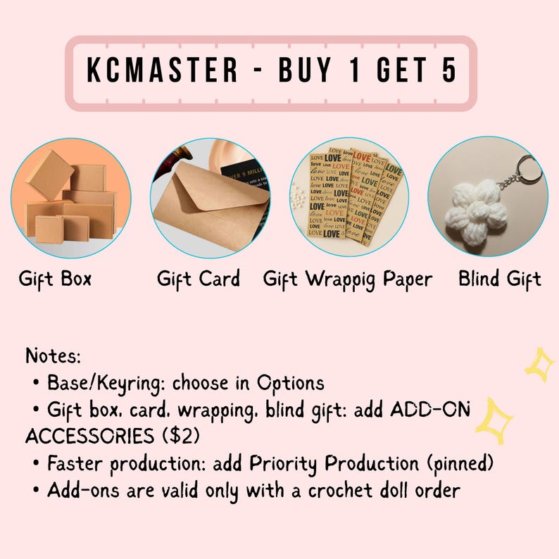 May include: A promotional graphic for KCMASTER featuring four circular icons: a stack of brown gift boxes, a brown envelope gift card, brown gift wrapping paper with the word love printed repeatedly, and a white crocheted flower keychain blind gift.