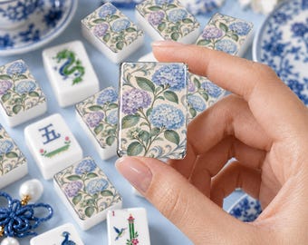 Personliga Blå Hortensia Mahjongplattor Mosaik Blommig Botanisk Mahjong Spelset