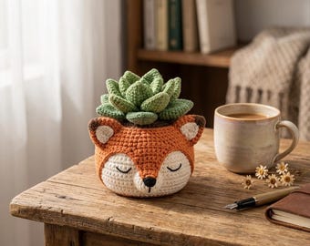 Gehaakte plantenpot in de vorm van een dier, handgemaakte plantenpot voor vetplanten, schattige bureaudecoratie met bosmotief, gezellig cadeau voor plantenliefhebbers