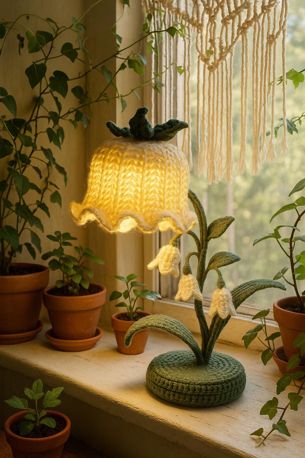 crochet flower lamp, handmade lily of the valley light, cozy bedside decor, personalized crochet gift