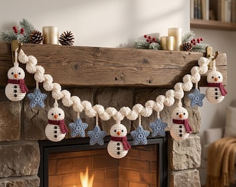 Handmade Crochet Snowman Christmas Garland, Blue Star Winter Banner, Holiday Mantel Decor, Cute Wall Hanging