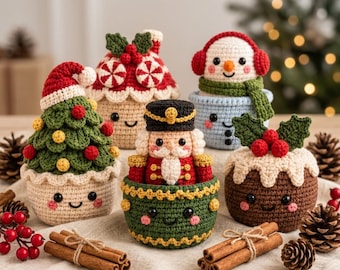 Handgemaakte gehaakte kerstbloempot, schattige kerstmanddecoratie, kerstboom, sneeuwpop, notenkraker, pudding, feestelijk cadeau voor haar