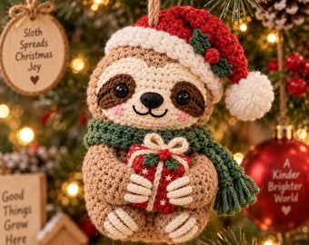 Handgemaakt gehaakt kerstornament in de vorm van een luiaard, schattig luiaardfiguurtje met luiaard, ideaal om in de kerstboom te hangen, perfect kerstcadeau voor luiaardliefhebbers.