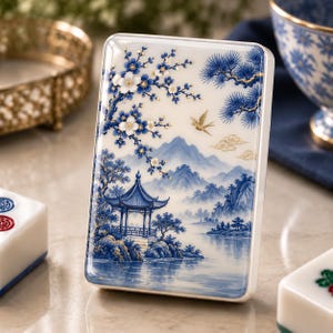 May include: A rectangular white tile featuring a blue and white landscape illustration. The design depicts a traditional pavilion by a lake, mountains, pine trees, and flowering branches with gold accents. A small bird is flying in the sky.