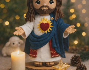 Muñeco de Jesús de ganchillo personalizado, amigurumi hecho a mano del Sagrado Corazón de Jesús, regalo religioso cristiano para decoración navideña.