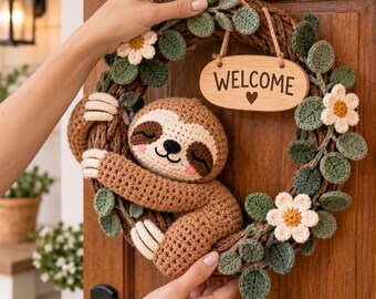 Gehaakte luiaard welkomstkrans, handgemaakte bloemen deurhanger met eucalyptus, schattige bosachtige huisdecoratie, cadeau voor haar
