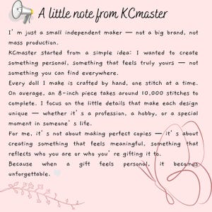 May include: A light pink informational card titled A little note from KCmaster with a megaphone icon, text describing the hand-crafted process of 8-inch dolls, a small light blue heart, and a thin line drawing of a butterfly and a leafy vine.