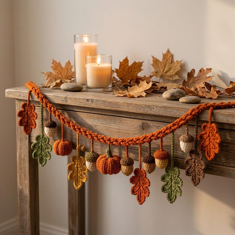 May include: A crocheted garland featuring orange pumpkins, brown and cream acorns, and various autumn-colored leaves in shades of green, yellow, and orange. The garland is draped across a wooden surface alongside two lit pillar candles.