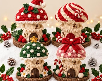 Handgemaakt gehaakt paddenstoelhuisje, kerstdecoratie in de vorm van een sprookjeshuisje, schattig kerstdorpje, cottagecore paddenstoelcadeau voor haar