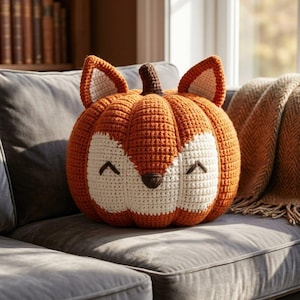 May include: A round, crocheted pumpkin-shaped cushion featuring a fox design. The cushion is primarily orange with a white face, dark brown embroidered eyes, a dark brown nose, and two pointed fox ears on top with a small brown stem in the centre.