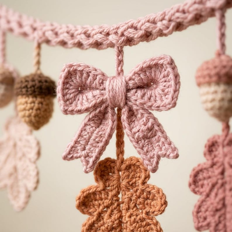 May include: A crochet garland featuring a series of hanging elements suspended from a braided pink yarn cord. The decorative items include light pink bows, brown and tan acorns, and oak leaves in shades of dusty pink, tan, and burnt orange.