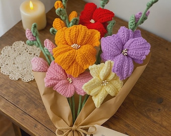 Ramo de gladiolos de crochet: flores de hilo hechas a mano, arreglo floral de crochet colorido, regalo de eterna floración para bodas y el Día de la Madre.