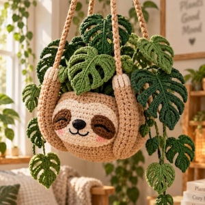 May include: A crocheted hanging planter shaped like a sloth with a tan body, brown eye patches, and a black nose. The sloth holds a cluster of dark green crocheted monstera leaves. The planter is suspended by thick, braided tan yarn cords.