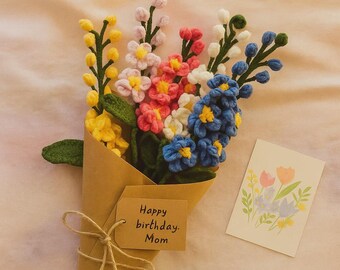 Ramo de flores de espuela de caballero a crochet: flores de hilo de colores hechas a mano, regalo de eterna floración para cumpleaños, aniversario y Día de la Madre.