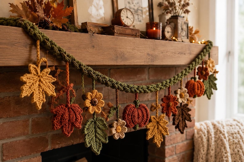 May include: A decorative garland featuring crocheted autumn elements including orange pumpkins, yellow and brown maple leaves, and small flowers suspended from a thick, braided olive green yarn cord, designed for seasonal home display.