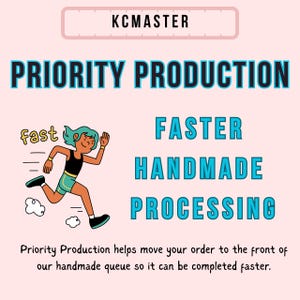 May include: A pink graphic with the text "PRIORITY PRODUCTION" in teal. A cartoon person runs to the left, with the word "fast" next to them. The text "FASTER HANDMADE PROCESSING" is also displayed.
