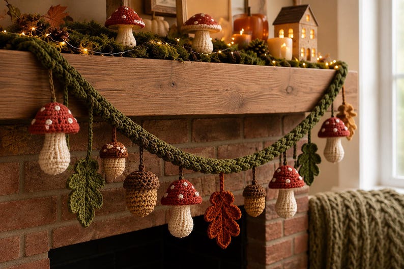 May include: A crochet garland featuring alternating red and white spotted mushrooms, brown acorns, and green and orange oak leaves hanging from a thick, braided green yarn cord. The handmade textile decorations are suspended in a repeating pattern.