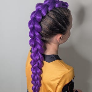 May include: A long, thick braid of vibrant purple hair styled in a mohawk fashion. The braid cascades down the back, showcasing the rich color and texture. The person is wearing a yellow and black top.