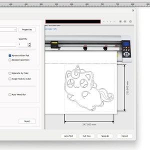 May include: A black and white line drawing of a unicorn with a large head and a small body. The unicorn is 247 mm wide and 230 mm tall. The image is displayed on a computer screen with a cutting machine in the background.