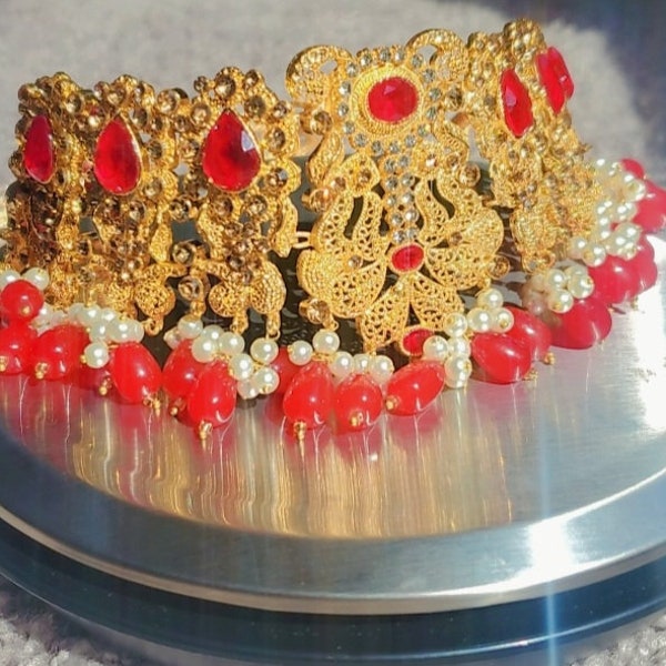 Bridal Collar Choker Jewellery Set with Earrings, Jhumar and Maang Teeka (DZ16745)