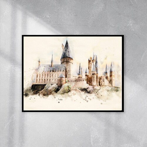 Wizarding Inspired Castle Watercolor Poster, INSTANT DOWNLOAD, Watercolor Castle, Painting Movie,  Castle Digital Download