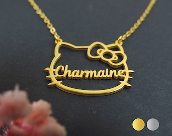 Kawaii Kitty Necklace • Cute Kitty Cat Name Necklace • Kitty Pendant • Custom Name Necklace • Gifts For Kids • 925 Sterling Silver