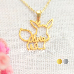 Eevee Necklace • Eevee Pendant • Eevee Jewelry • Custom Name Necklace • Gifts For Kids • 925 Sterling Silver • 18K Gold Plated