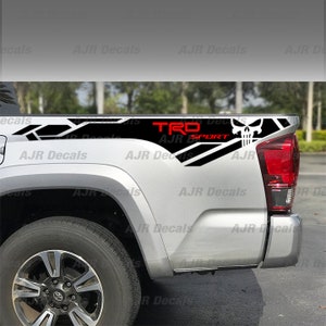 TRD Racing Development Sport with Punisher Skull Decals Fits Toyota Tacoma Tundra Bedside Truck Sticker Vinyl in 5 colors (2 pieces).